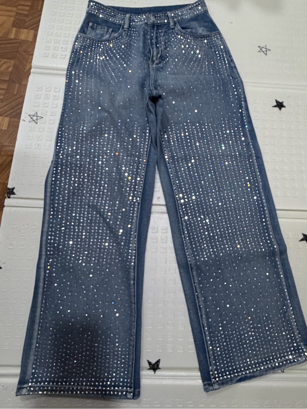 SHEIN Blue Rhinestone Wide Leg Jeans